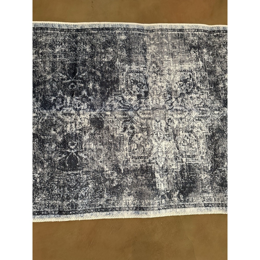 Machine Washable Rug 2'6"X7' Adiva Rose Collection ROS22 Runner Navy Blue White